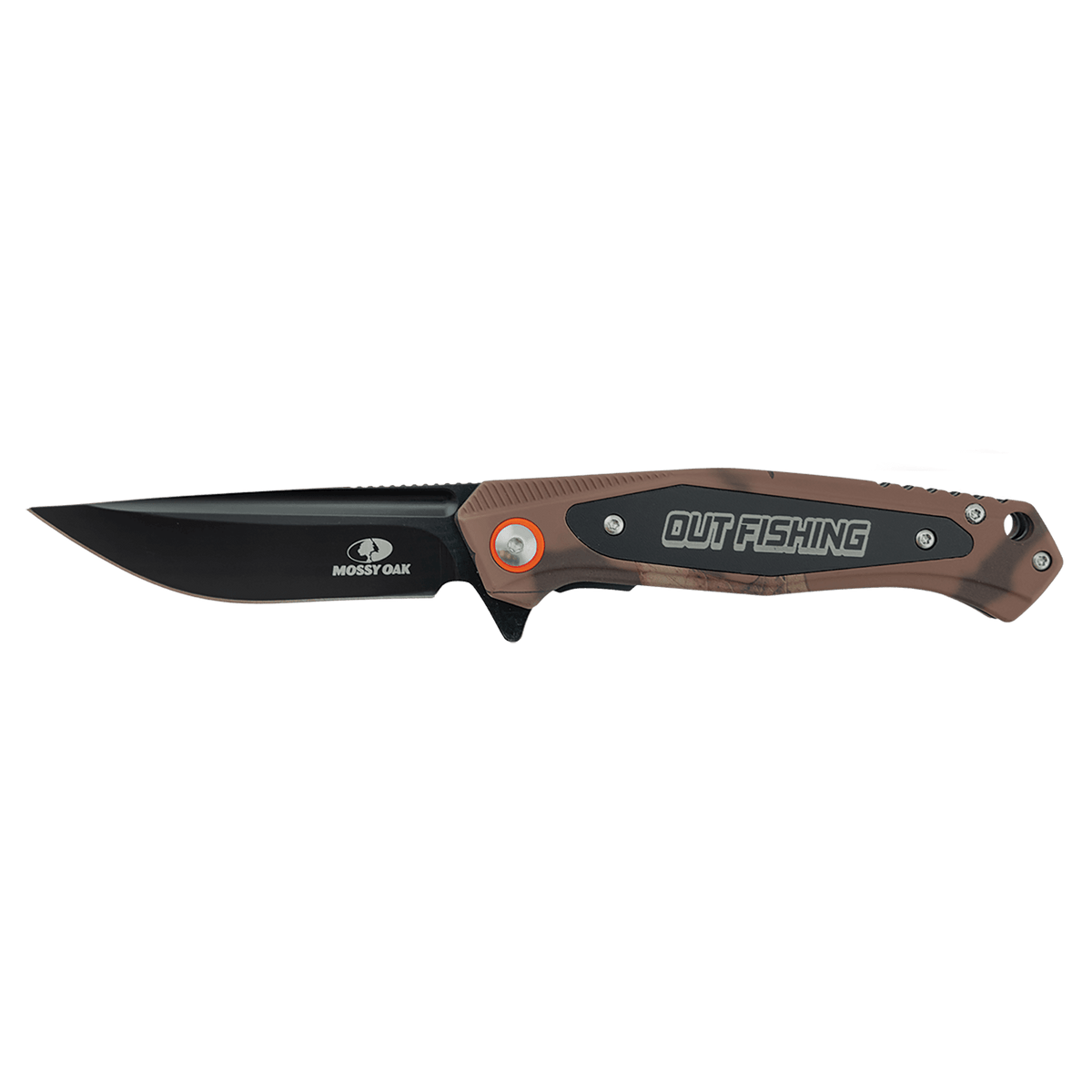 Bison River 4 1/2" Brown Camo Everyday Carry Knife with Laserable Black Anodized Aluminum Plate – Mossy Oak Country Roots