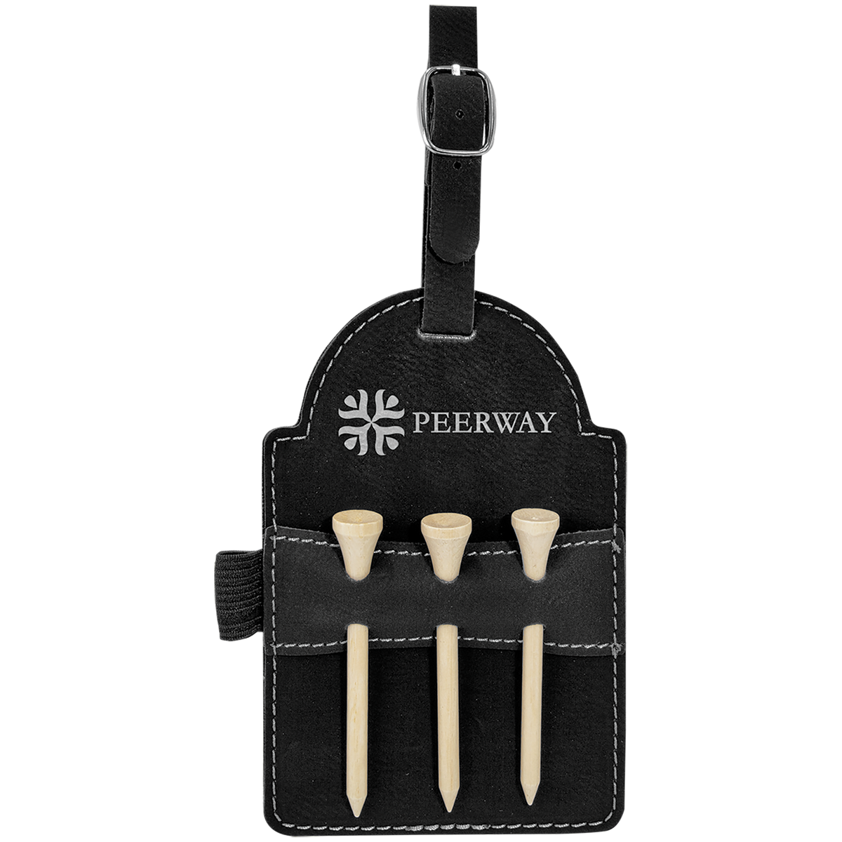 5" x 3 1/4" Black/Silver Laserable Leatherette Golf Bag Tag with 3 Wooden Tees