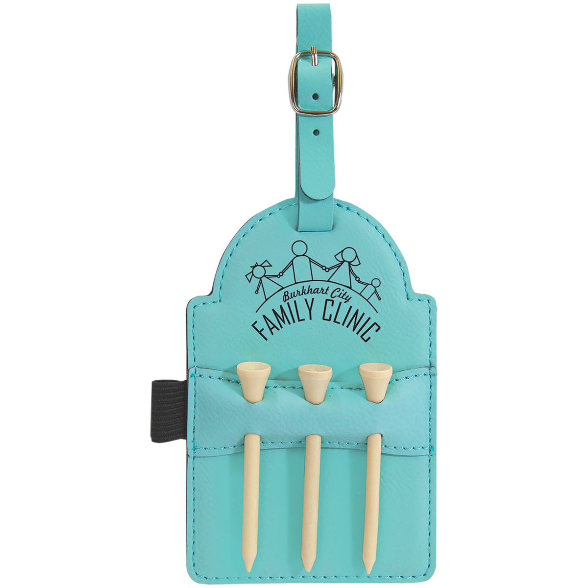 5" x 3 1/4" Teal Laserable Leatherette Golf Bag Tag with 3 Wooden Tees