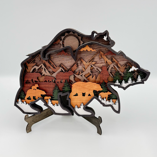 Layered bear and cubs mountain wood artwork