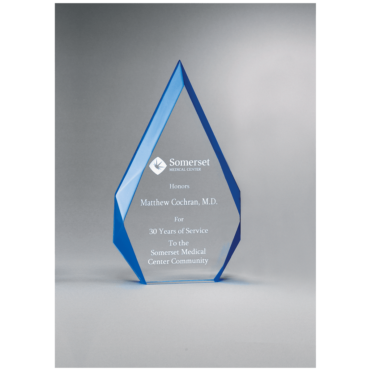 5 1/4" x 8 7/8" Flame Clear Acrylic Award with Blue Bevels