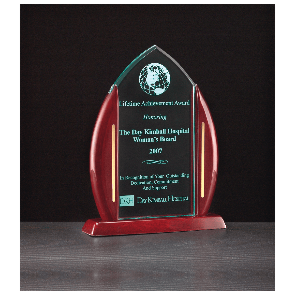 7 1/2" x 9 5/8" Flame Jade Acrylic Award with Rosewood Piano Finish Base and Gold Accents