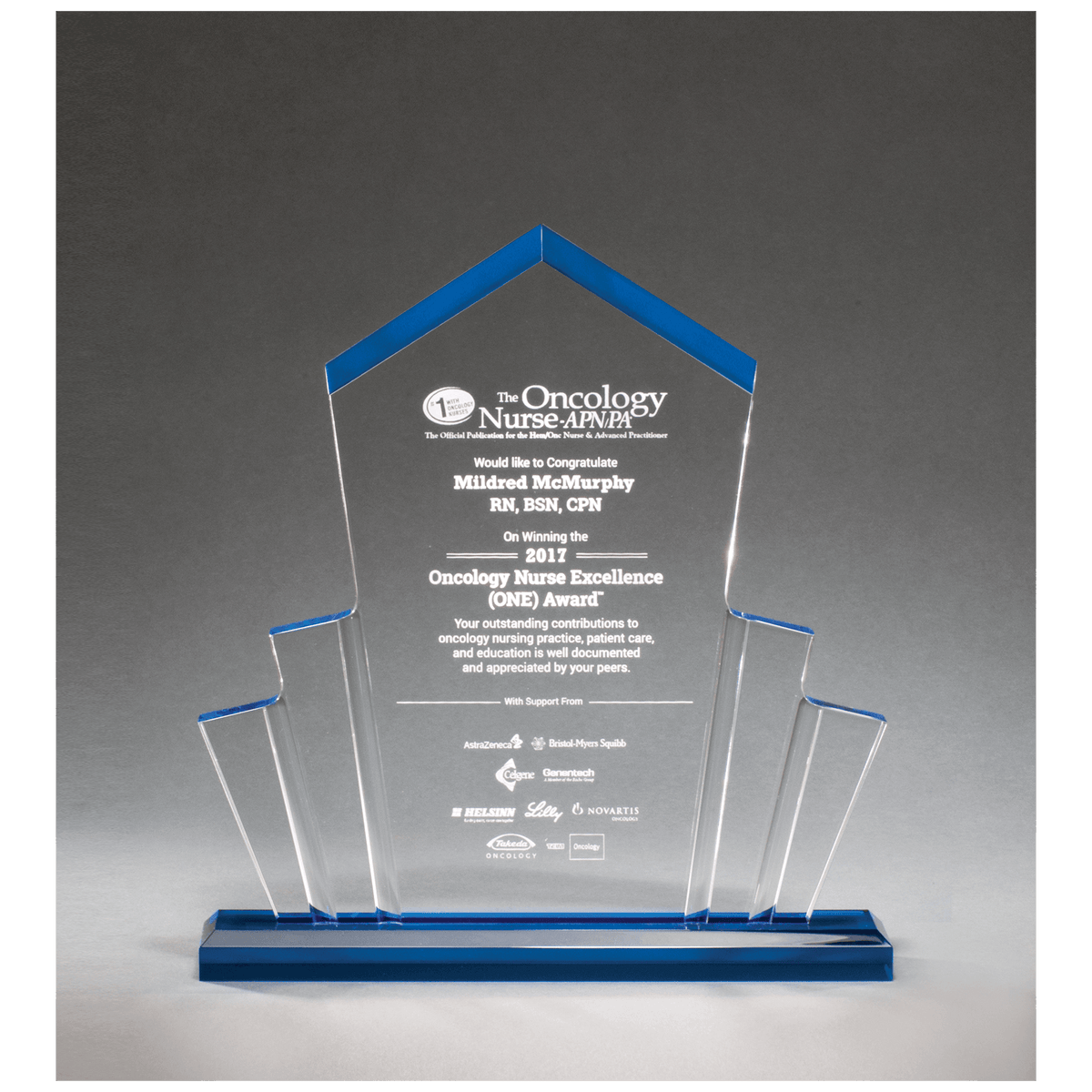 10" x 10 3/4" Tower Spotlight Clear Acrylic Award with Blue Base
