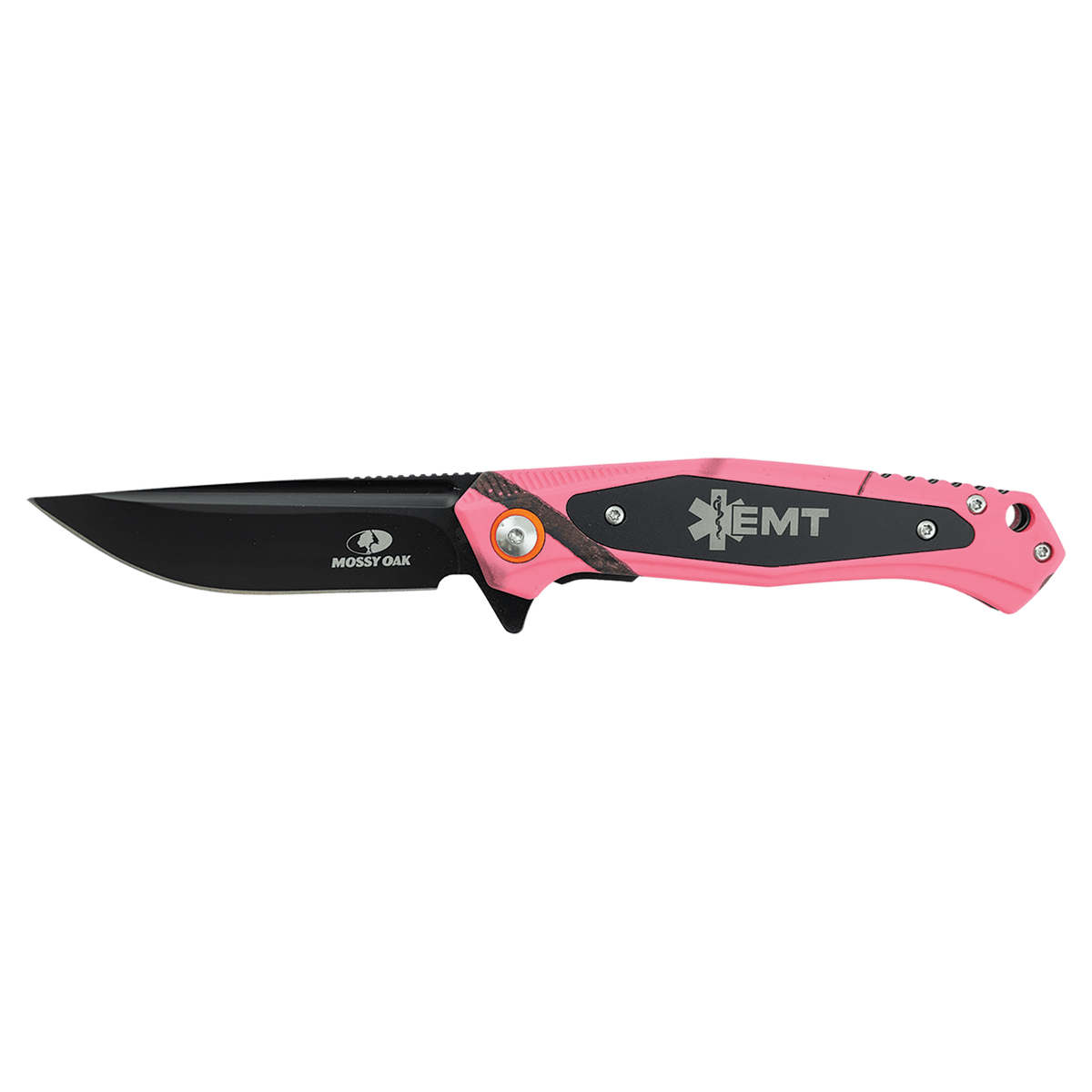 Bison River 4 1/2" Pink Camo Everyday Carry Knife with Laserable Black Anodized Aluminum Plate – Mossy Oak Country Roots