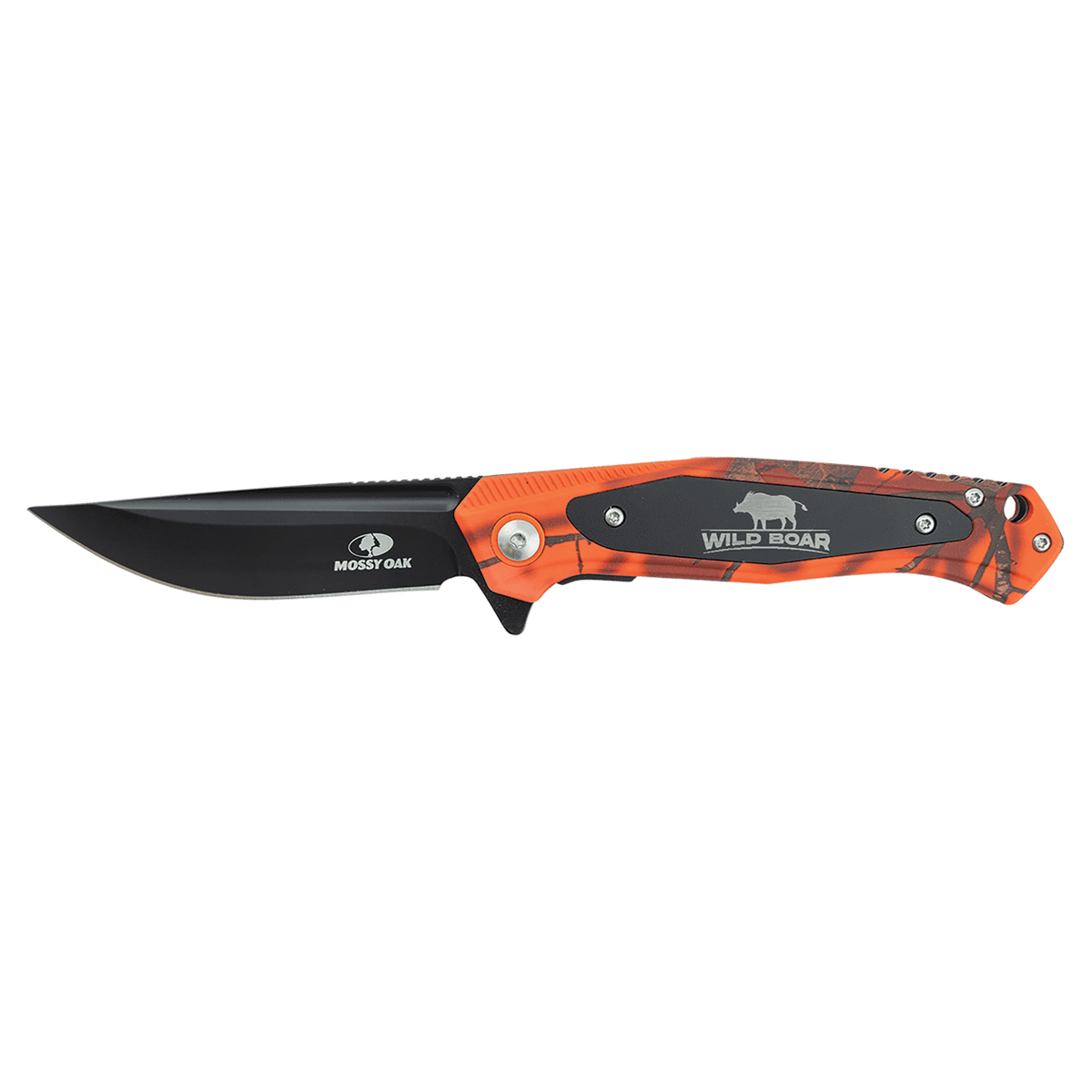 Bison River 4 1/2" Orange Camo Everyday Carry Knife with Laserable Black Anodized Aluminum Plate – Mossy Oak Country Roots