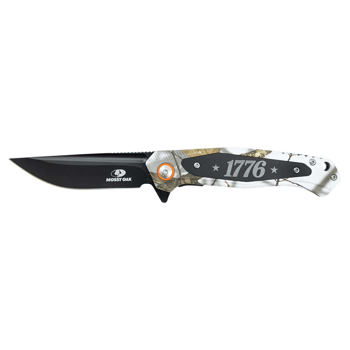 Bison River 4 1/2" White Camo Everyday Carry Knife with Laserable Black Anodized Aluminum Plate – Mossy Oak Country Roots