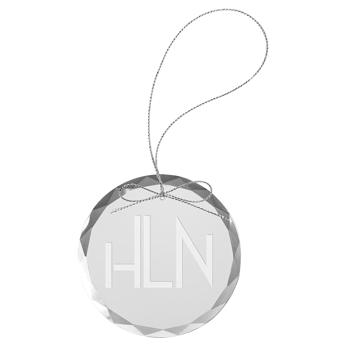 3 1/4" clear round glass ornament with silver string
