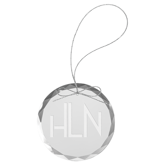 3 1/4" clear round glass ornament with silver string