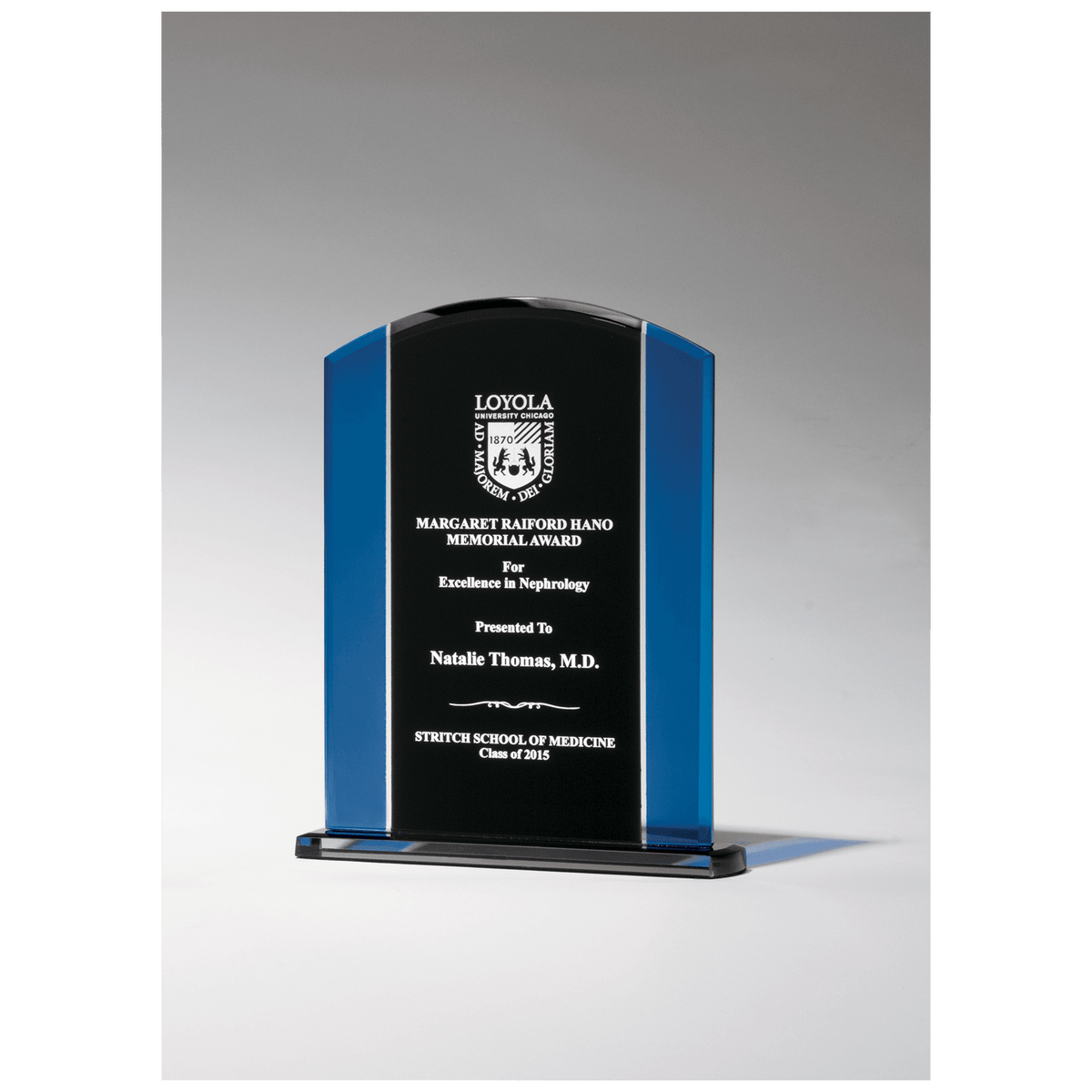 6 1/2" x 8 3/8" Clear Glass Award with Blue and Black Accents