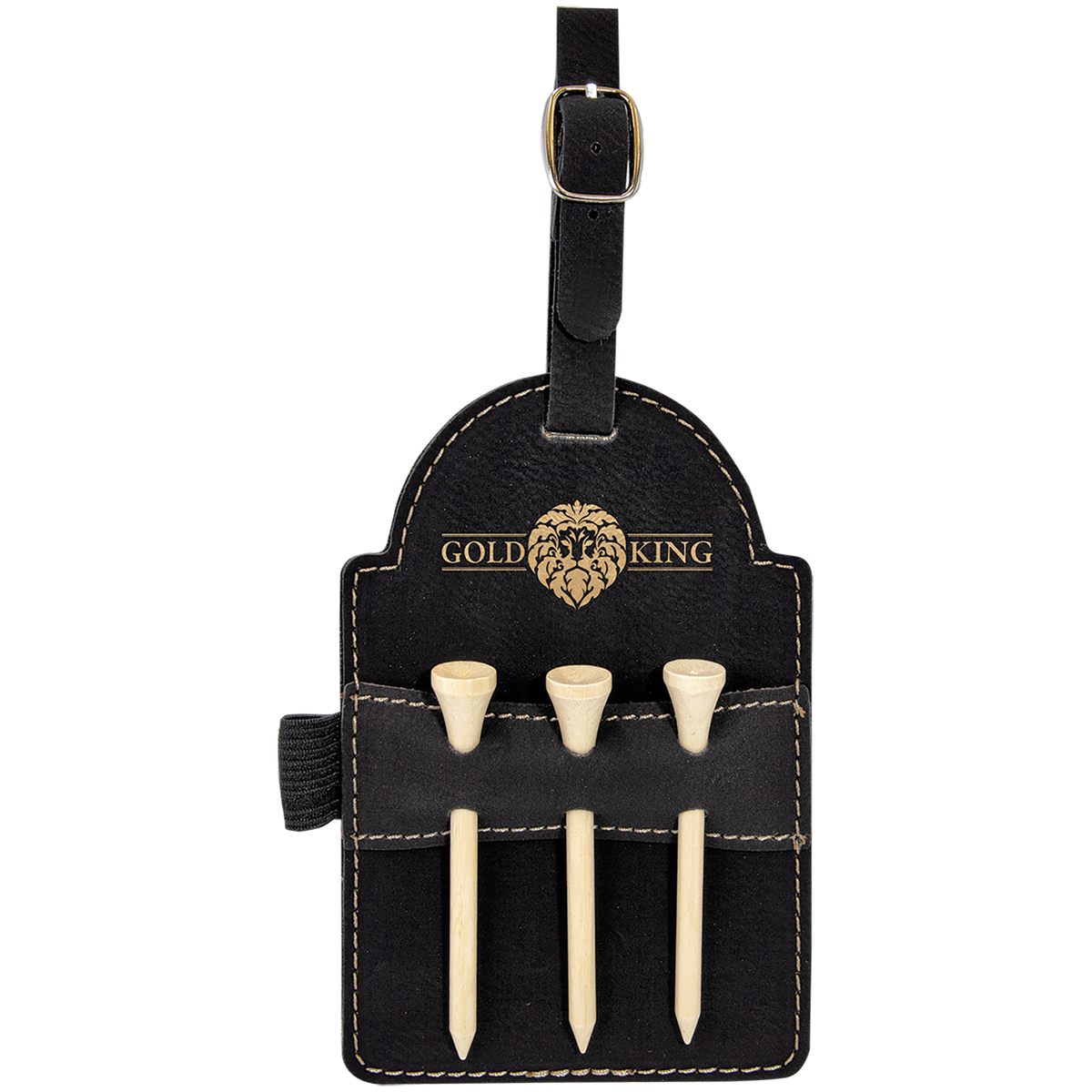 5" x 3 1/4" Black/Gold Laserable Leatherette Golf Bag Tag with 3 Wooden Tees