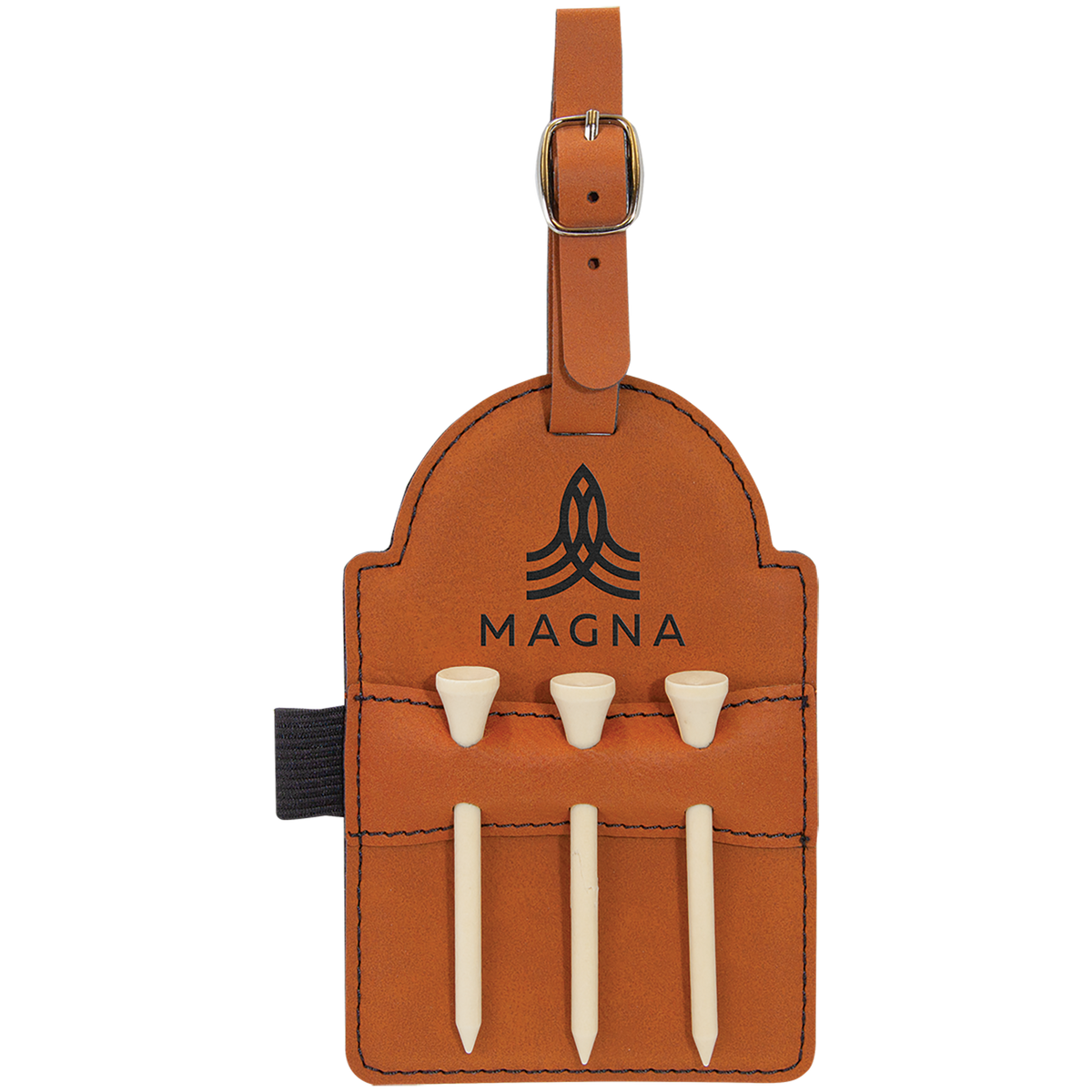5" x 3 1/4" Rawhide Laserable Leatherette Golf Bag Tag with 3 Wooden Tees