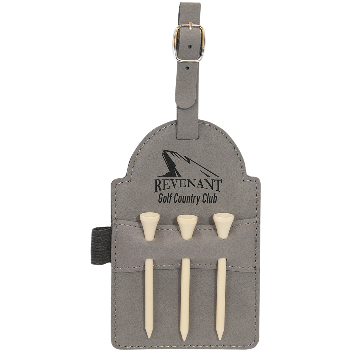 5" x 3 1/4" Gray Laserable Leatherette Golf Bag Tag with 3 Wooden Tees