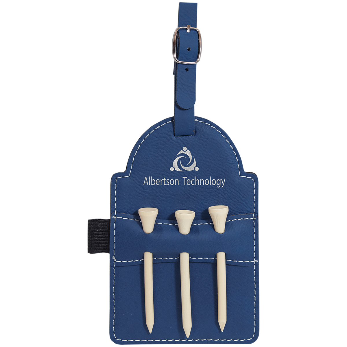 5" x 3 1/4" Blue/Silver Laserable Leatherette Golf Bag Tag with 3 Wooden Tees