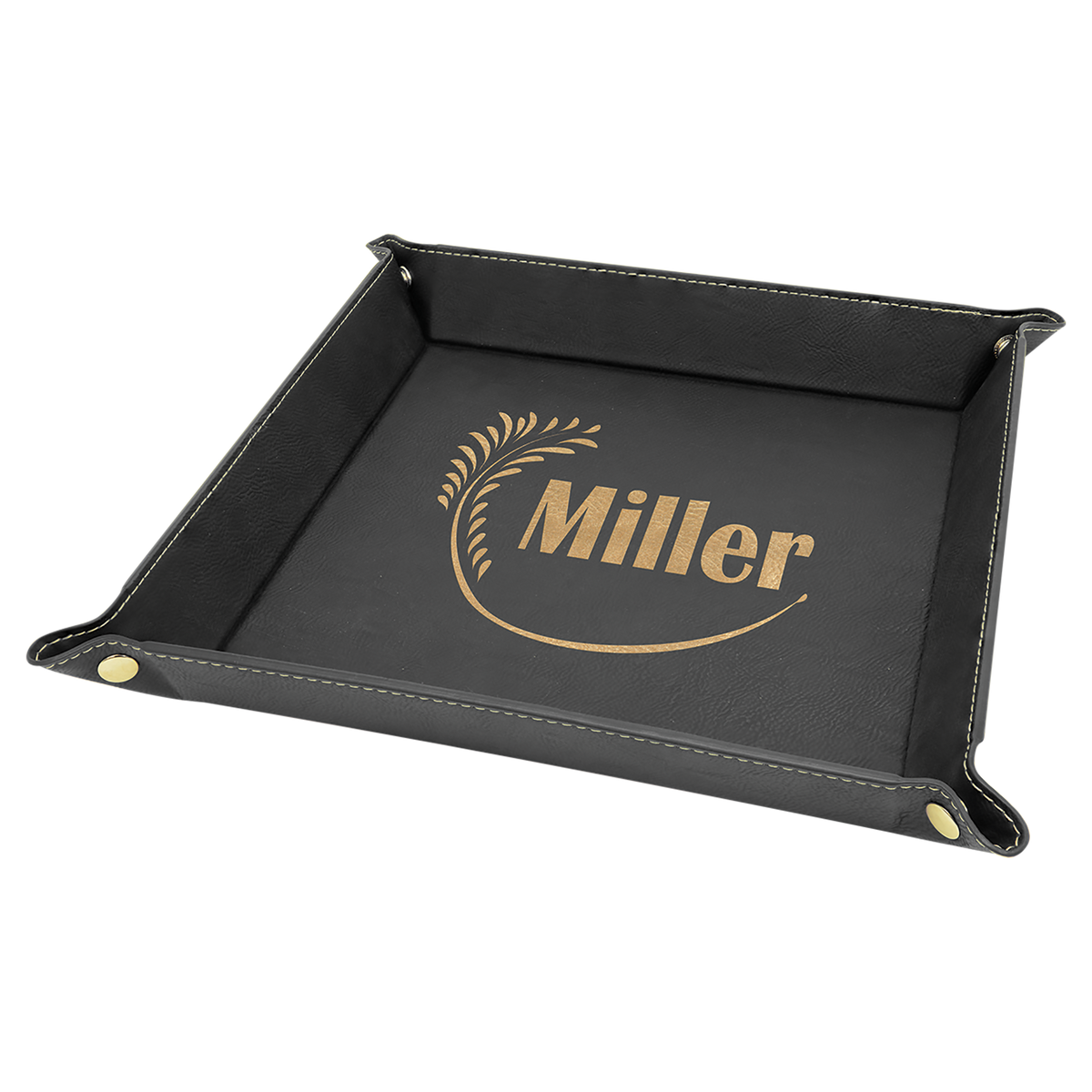 9" x 9" Black/Gold Laserable Leatherette Snap Up Tray with Gold Snaps