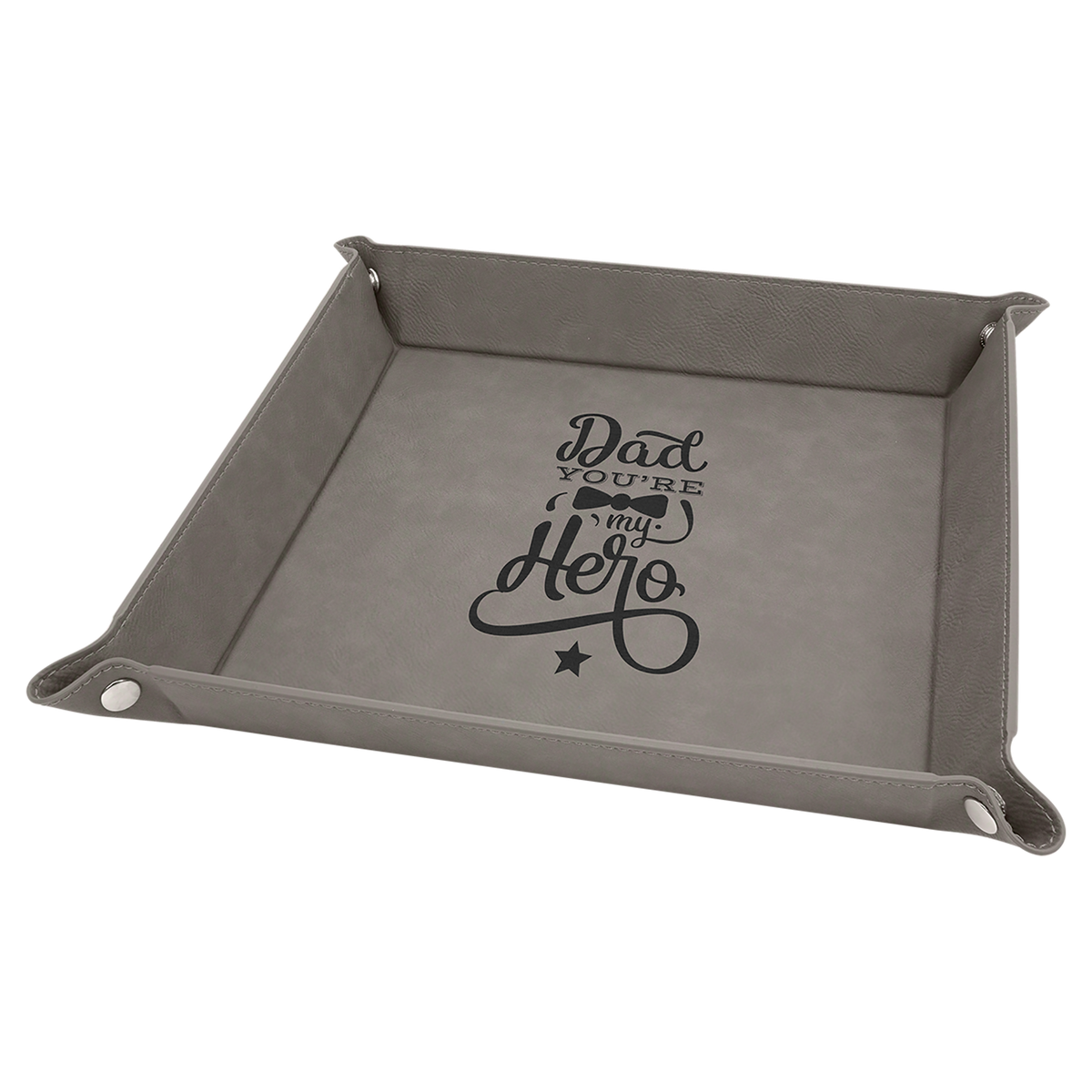 9" x 9" Gray Laserable Leatherette Snap Up Tray with Silver Snaps