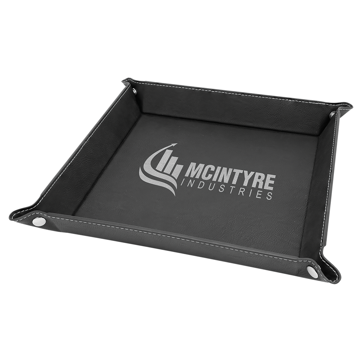 9" x 9" Black/Silver Laserable Leatherette Snap Up Tray with Silver Snaps