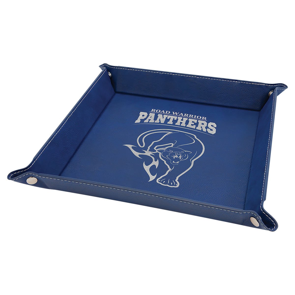 9" x 9" Blue/Silver Laserable Leatherette Snap Up Tray with Silver Snaps