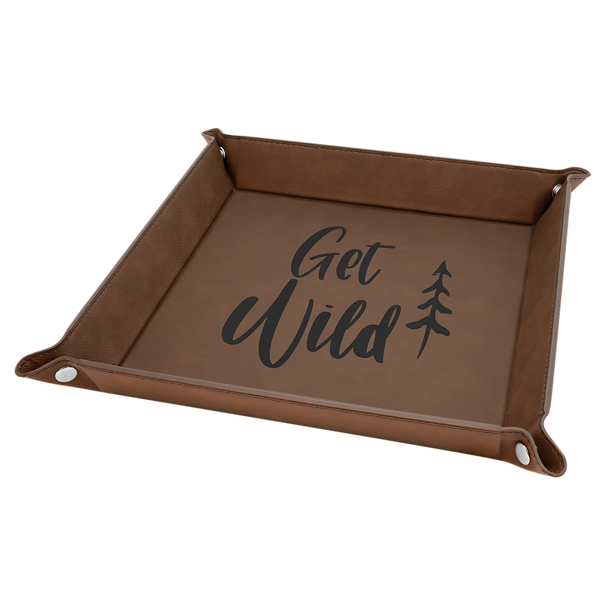 9" x 9" Dark Brown Laserable Leatherette Snap Up Tray with Silver Snaps