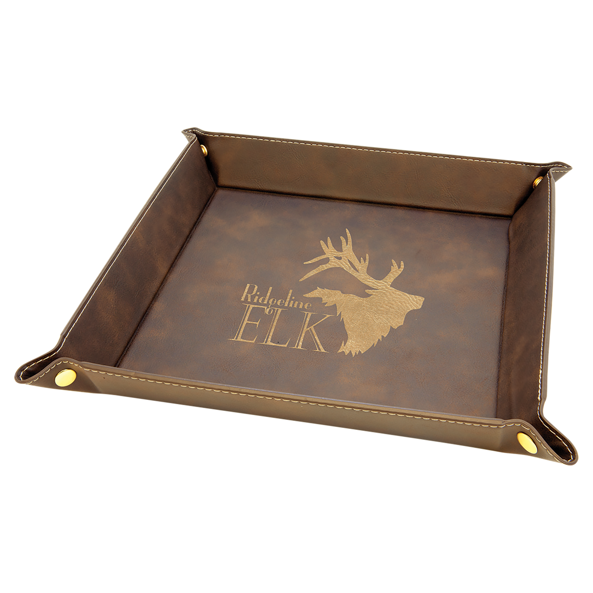 9" x 9" Rustic/Gold Laserable Leatherette Snap Up Tray with Gold Snaps
