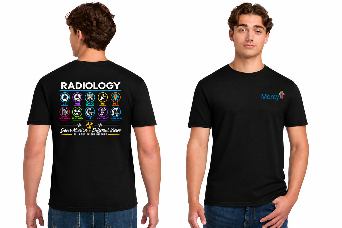 Front and back views of the Radiology Shirt in black with Mercy chest logo