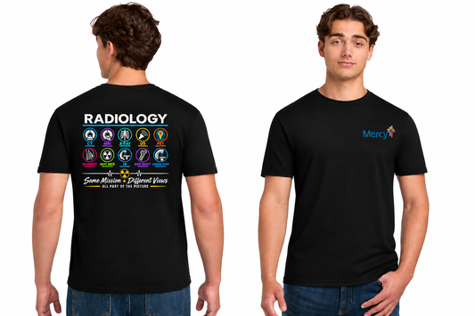 Front and back views of the Radiology Shirt in black with Mercy chest logo